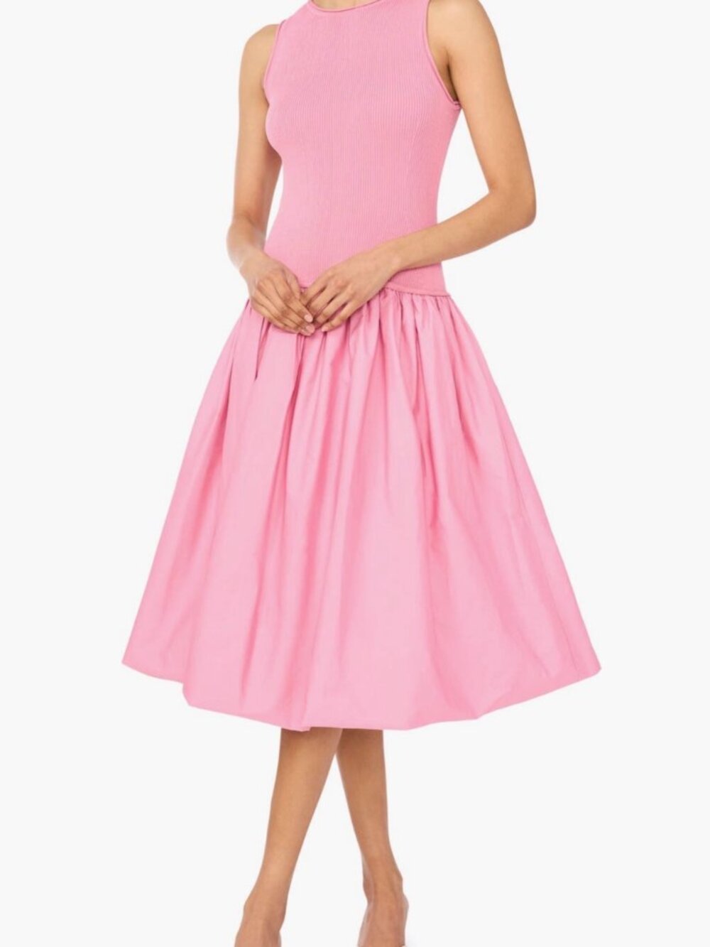 NWT 1.STATE Mixed Media Tank Midi Dress Orchid Pink Rib Knit Bubble Skirt M